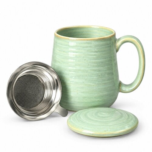 Skandi Home Aska Large Sage Green Reactive Glaze Ceramic Infuser Mug with Lid and removable Stainless Steel Infuser