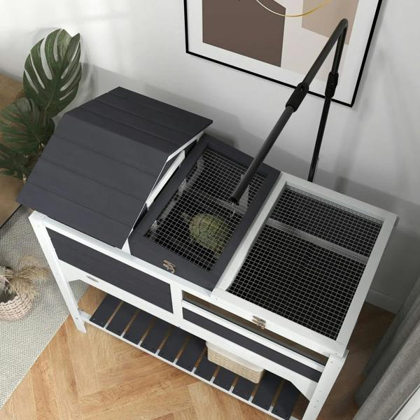 Gray tortoise enclosure with open front sections and wire-mesh panels