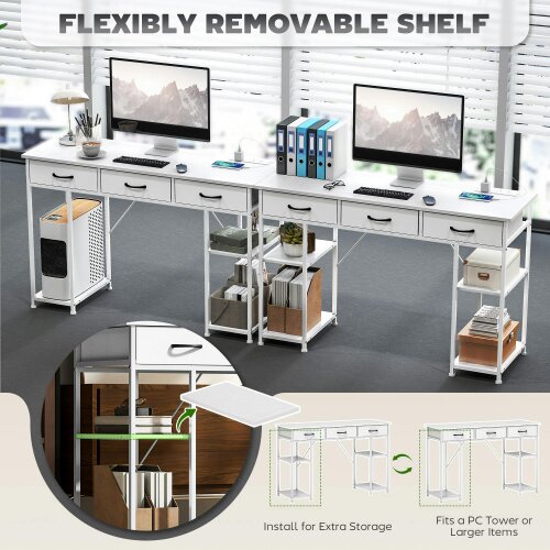 Wyld Haus Riba 120cm Wooden White Home Office Desk With Power Sockets 3 Fabric Drawers And Storage Shelves 120 cm