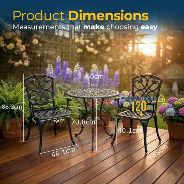 Homeology VIVALDI Black 3-Piece Cast Aluminium Garden Bistro Set - Round Table & 2 Generously Sized Chairs - for Patio, Balcony & Conservatory
