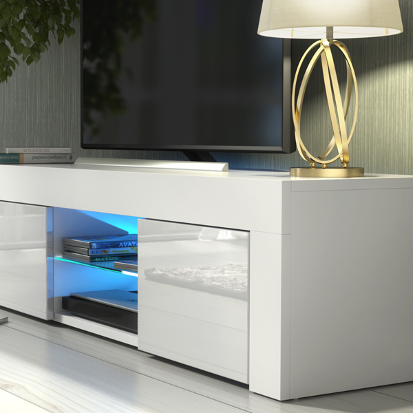 Mex Furniture Striking 130cm TV Unit & Cabinet White High Gloss Doors Free LED Lights