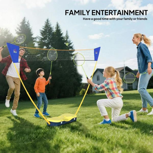 Portable folding badminton net set with yellow frame, blue corner flags, and base for play