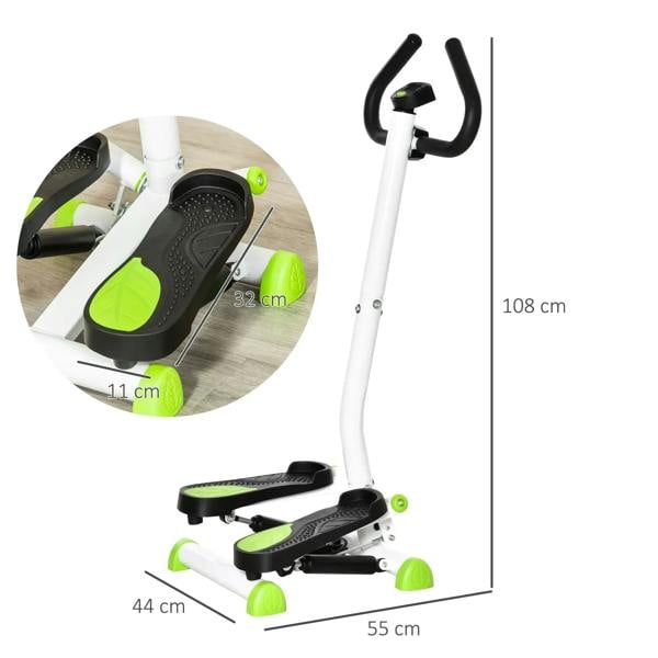 White twister stepper with green accents and step size labels (55 x 108 cm)