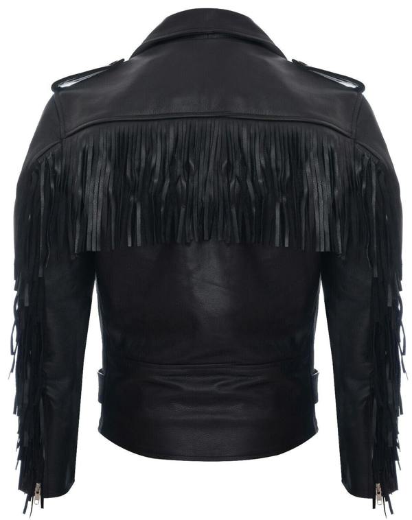 Infinity Leather Mens FRINGE Hide Leather Brando TASSELED Motorcycle Biker Jacket