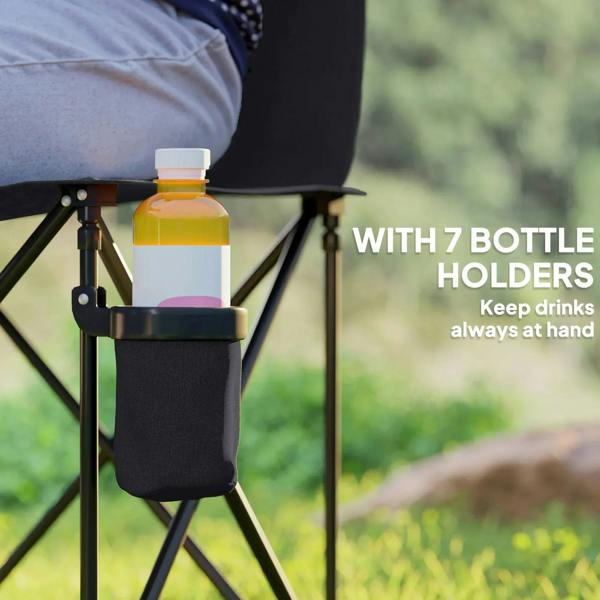 Black folding chair side cup holder pouch on the frame
