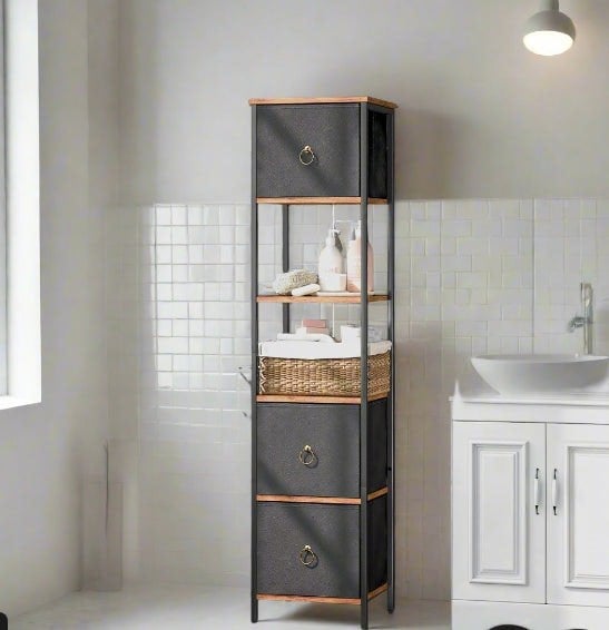 Tall narrow corner storage cabinet with rustic wood finish, black metal frame, 3 fabric drawers and 2 open shelves

