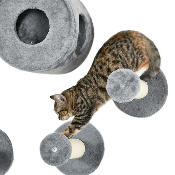 Grey wall cat tunnel and scratching roller set with a cat playing and resting