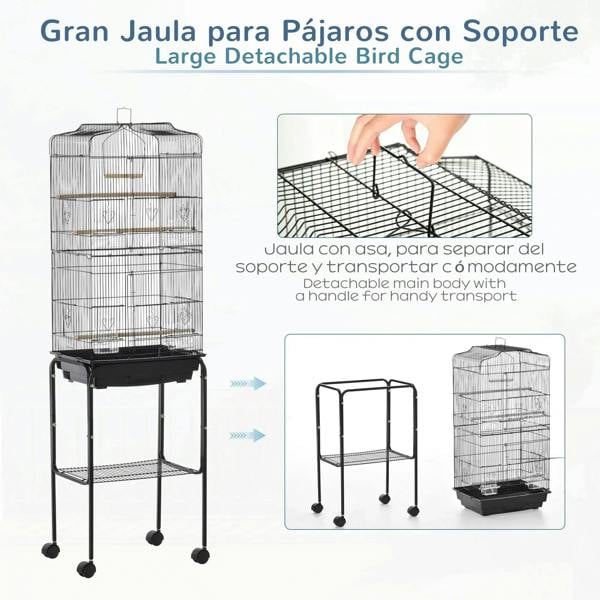 Black large detachable bird cage on stand with slide-out tray and lower storage shelf
