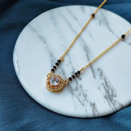 The Colourful Aura Round Black Beaded Zircon 18ct Gold Plated Asian Mangalsutra Pendant Necklace