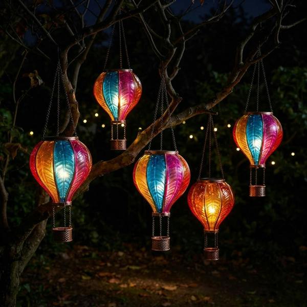 Large Rainbow Glass Effect Hot Air Balloon Solar Powered Hanging Lantern