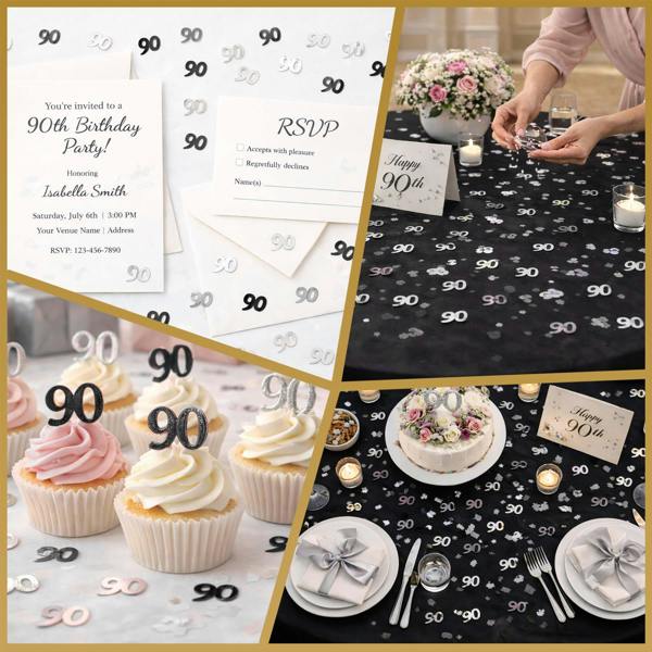 90th Birthday Black and Silver Foil Confetti Family Pack for Table Decoration image 9