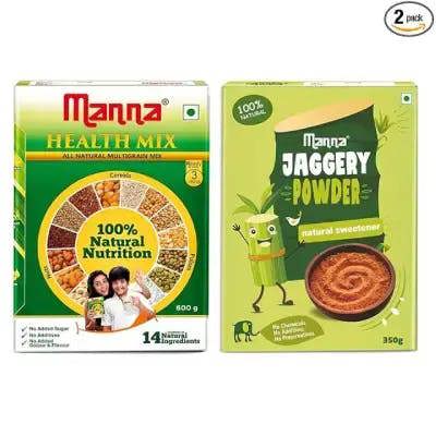 Manna Health Mix 500g and Manna Jaggery Powder 350g Combo Pack | 100% Natural, Zero Added Sugar, No Preservatives, No Chemicals