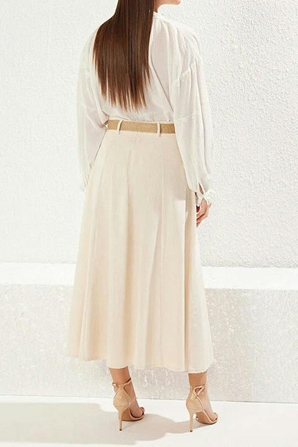 WOVCOR Linen Maxi Length A-line Woven Skirt with Belt Detail