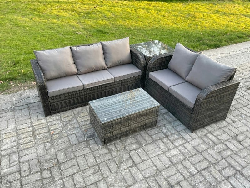 Fimous 5 Seater Rattan Wicker Garden Furniture Patio Conservatory Sofa Set with Rectangular Coffee Table 3 Seater Sofa Love Sofa Side Table