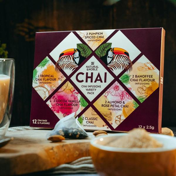 Natural & Noble Chai Infusion Bags Variety Pack Alongside Loose Infusion Bags and Almonds