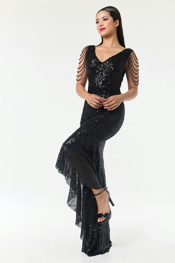 LuvForever Black Jewelled Hi-Lo Sequin Dress