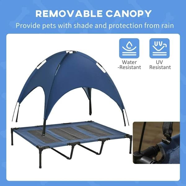 Blue elevated dog bed cot with removable canopy and water-resistant, UV-resistant design