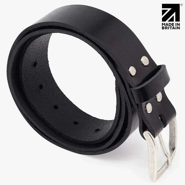Coiled black full-grain Italian leather belt showing adjustment holes and buckle