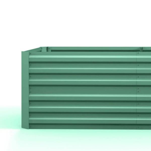 Light green galvanized steel raised garden bed planter close-up of side slats