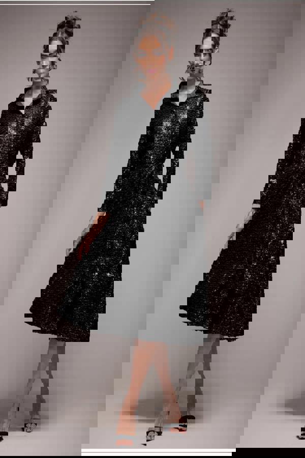 Sequin Skater Shirt Dress - Black DR4061