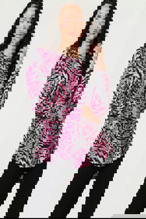 Pink | Animal Print Long Sleeve Curve Hem Top
