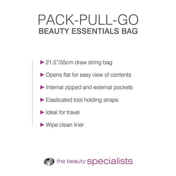 The Rio Pack-Pull-Go Beauty Essentials Bag features a 21.5/55cm drawstring design, opens flat, has internal zipped and external pockets, elastic tool straps, and a wipe-clean liner—perfect for travel.