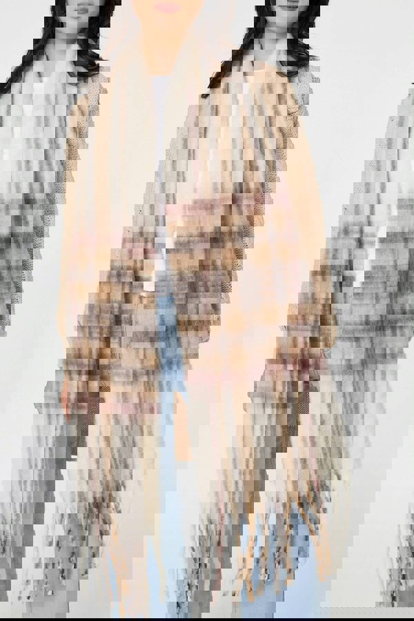Beige | Checked Print Oversize Fringed Scarf

