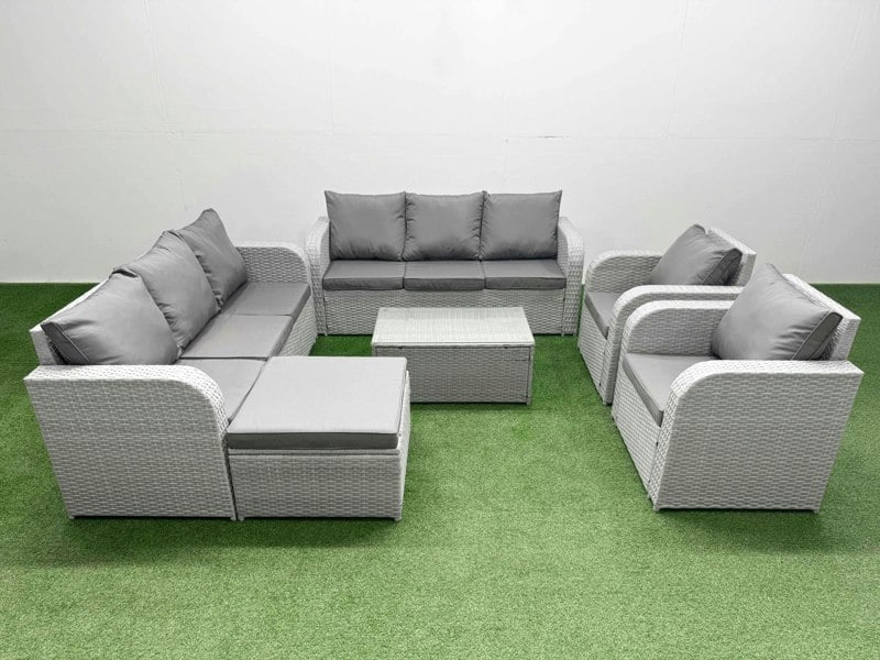 Fimous PE Rattan High Back Lounge Sofa Set Patio Coffee Table & Chairs Set with 3 Seater Sofa Reclining Chair Big Footstool Light Grey
