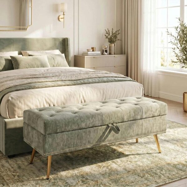Storage Ottoman, Chenille Upholstered Ottoman Storage Box with Padded Seat, Metal Legs, 114 x 41 x 45 cm, Light Green - Light Green