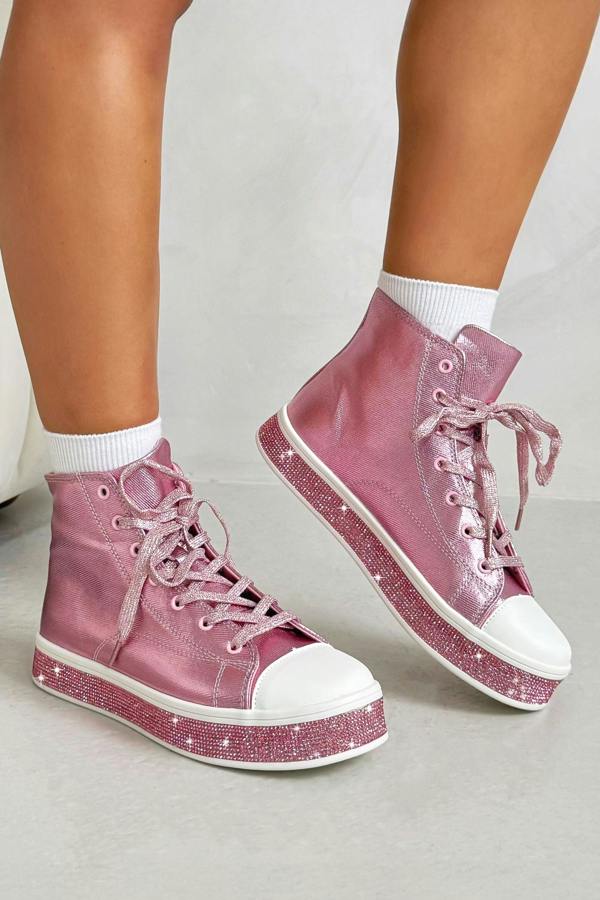 Crystal Canvas High Top Trainers Pink