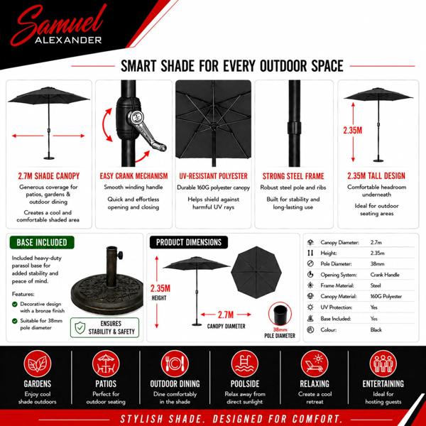 Samuel Alexander 2.7m Havana Garden Patio Parasol with Crank Handle in Black with 9kg Base Included