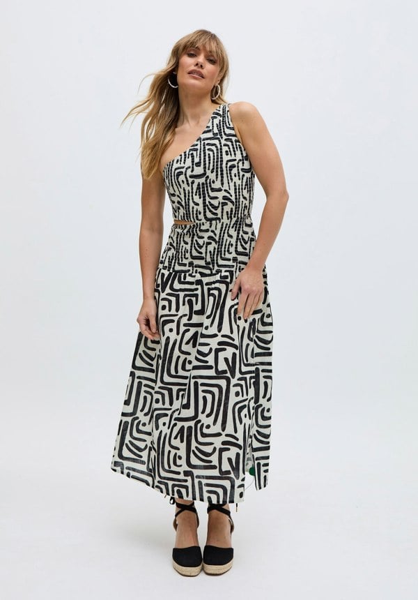 Jazz Jersey One Shoulder Warhol Print Midi Dress in Black