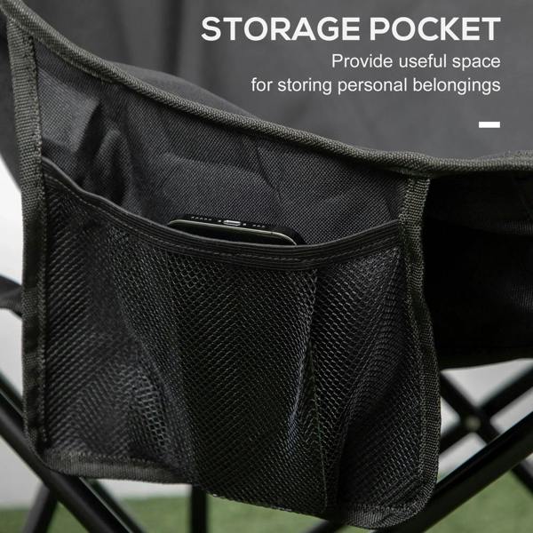 Black folding camping chair with mesh storage pocket on the side for personal items