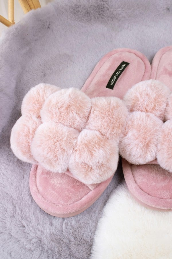 Pretty You London Women's Dolly Pom Pom Slippers in Pink