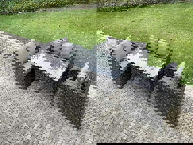 Fimous Dark Grey PE Wicker Rattan Garden Furniture Set Reclining Chair Love Sofa 2 Seater Sofa Set Outdoor Rectangular Dining Table 5 Seater