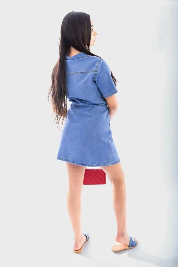 Helen Collared Belted Button Down Denim Shirt Dress - Denim