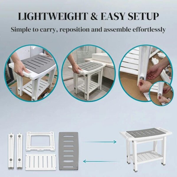 Shower Bench 2-Tier Shower Stool Bathroom with Shelf White and Grey