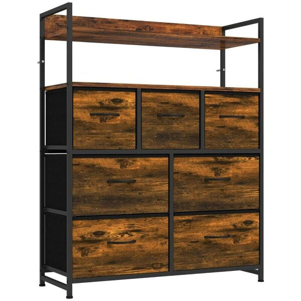 Chest of Drawers, Bedroom Fabric Dresser with 7 Drawers, Storage Organiser Unit with Open Shelves, Rustic Brown