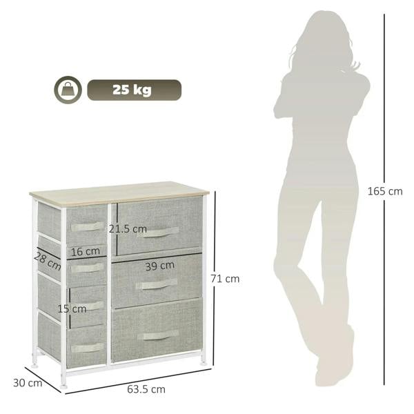 Seven-drawer fabric chest with dimensions: 63.5cm W x 71cm H