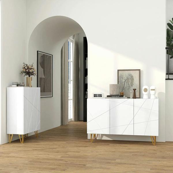Pair of white high-gloss sideboards with diamond panels and gold hairpin legs