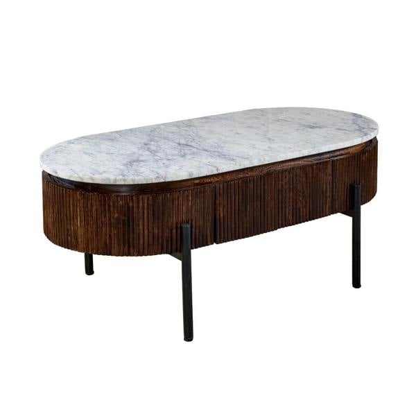 Wyld Haus Alabama Ribbed Mango Wood Oval Coffee Table With Marble Top and Metal Legs