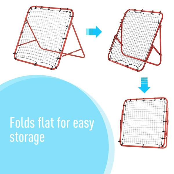 Red kickback goal rebounder that folds flat for storage, showing compact net frame
