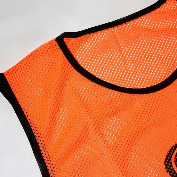 Close-up of orange Optimum mesh training bib neckline with black trim on white - Optimum