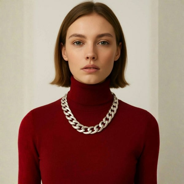 Woman wearing a red turtleneck sweater with a large silver chain necklace against a plain background