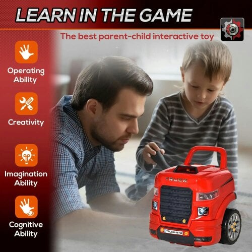 Bobobiy Kids Truck Engine Toy Set, Toddler Educational Car Service Station Playset, Take Apart Workshop, Light, for 3-5 Years Old Red