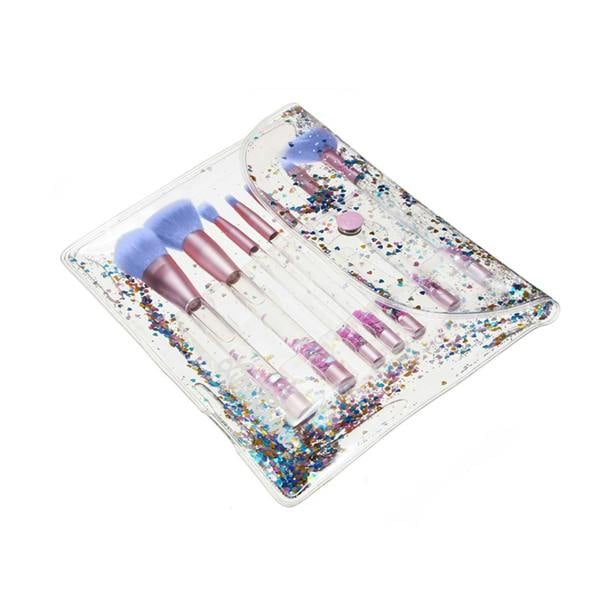 Aquarius Makeup Brush Set 7 Piece Pink Purple Liquid Glitter Handle Beauty Kit