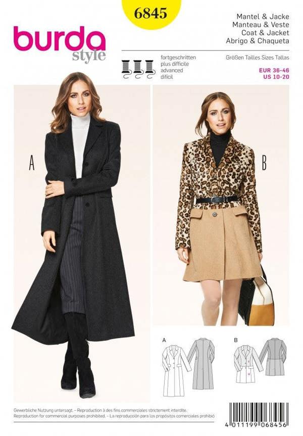 Burda Sewing Pattern 6845 Coats For Women, 10-12-14-16-18-20 - Advanced