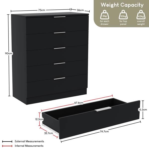 Vida Designs Trega 5 Drawer Chest, Black