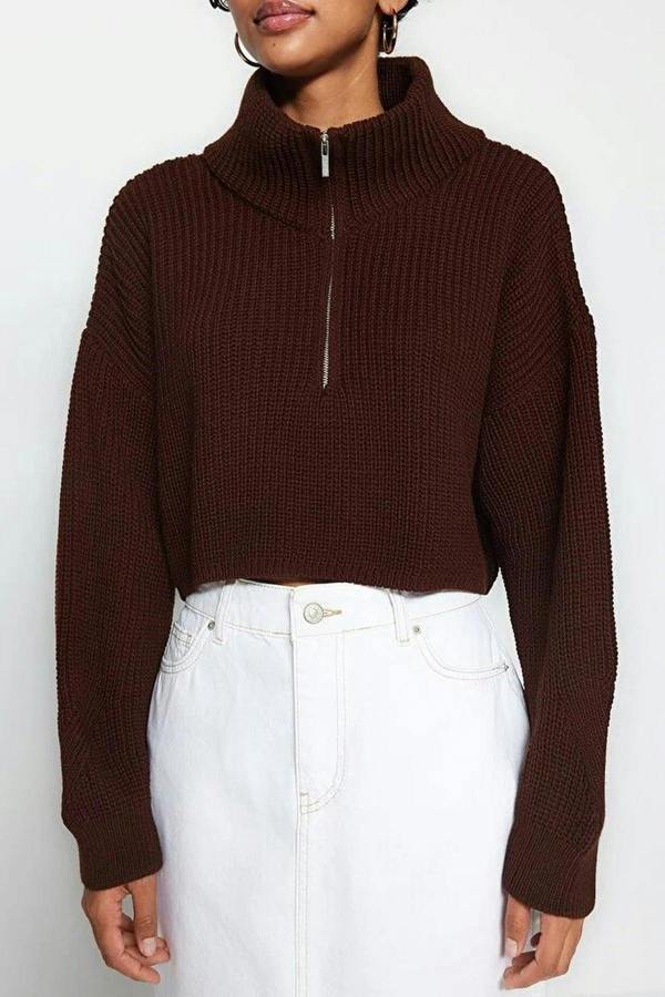 WOVCOR Super Crop Knit Sweater with Zipper Detail