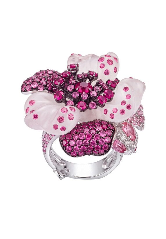 Latelita White Jade Ruby Rose Flower Cocktail Ring Silver